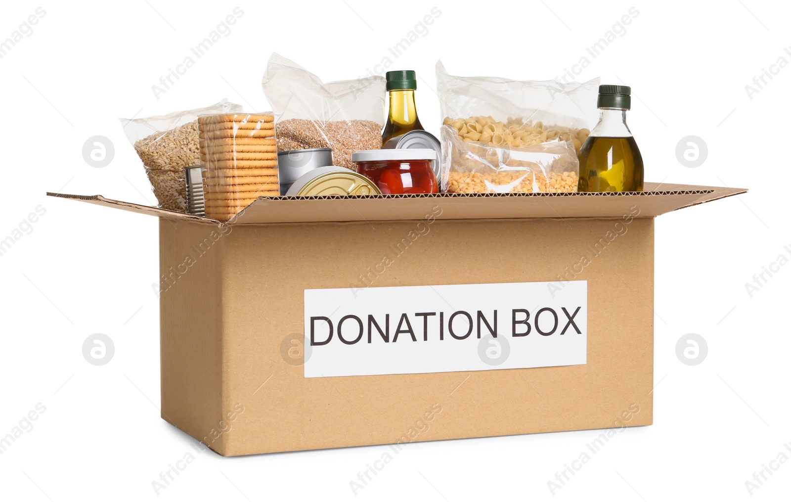 Photo of Donation box with food isolated on white