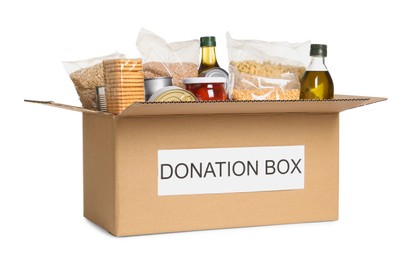 Photo of Donation box with food isolated on white