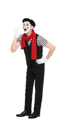 Photo of Funny mime artist in beret screaming on white background