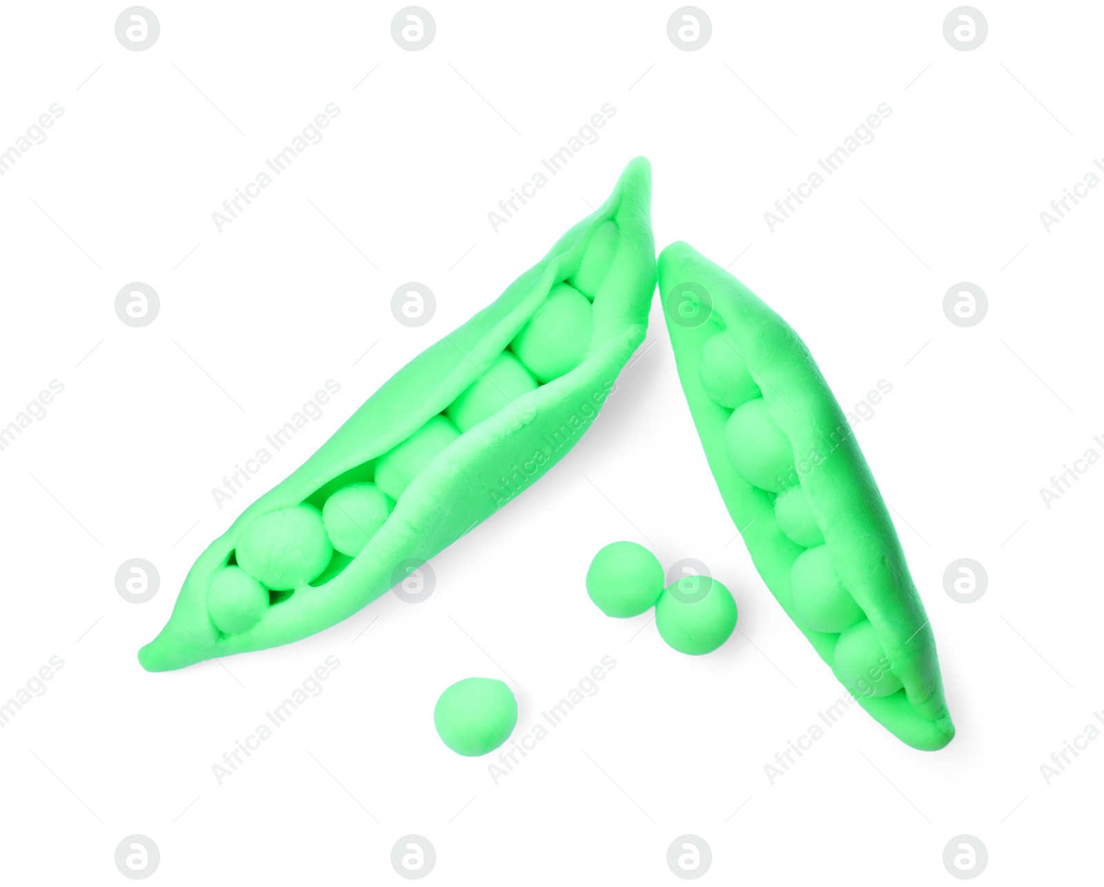 Photo of Green pea pods made from play dough on white background, top view