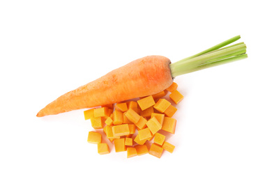 Whole and cut ripe carrots isolated on white, top view