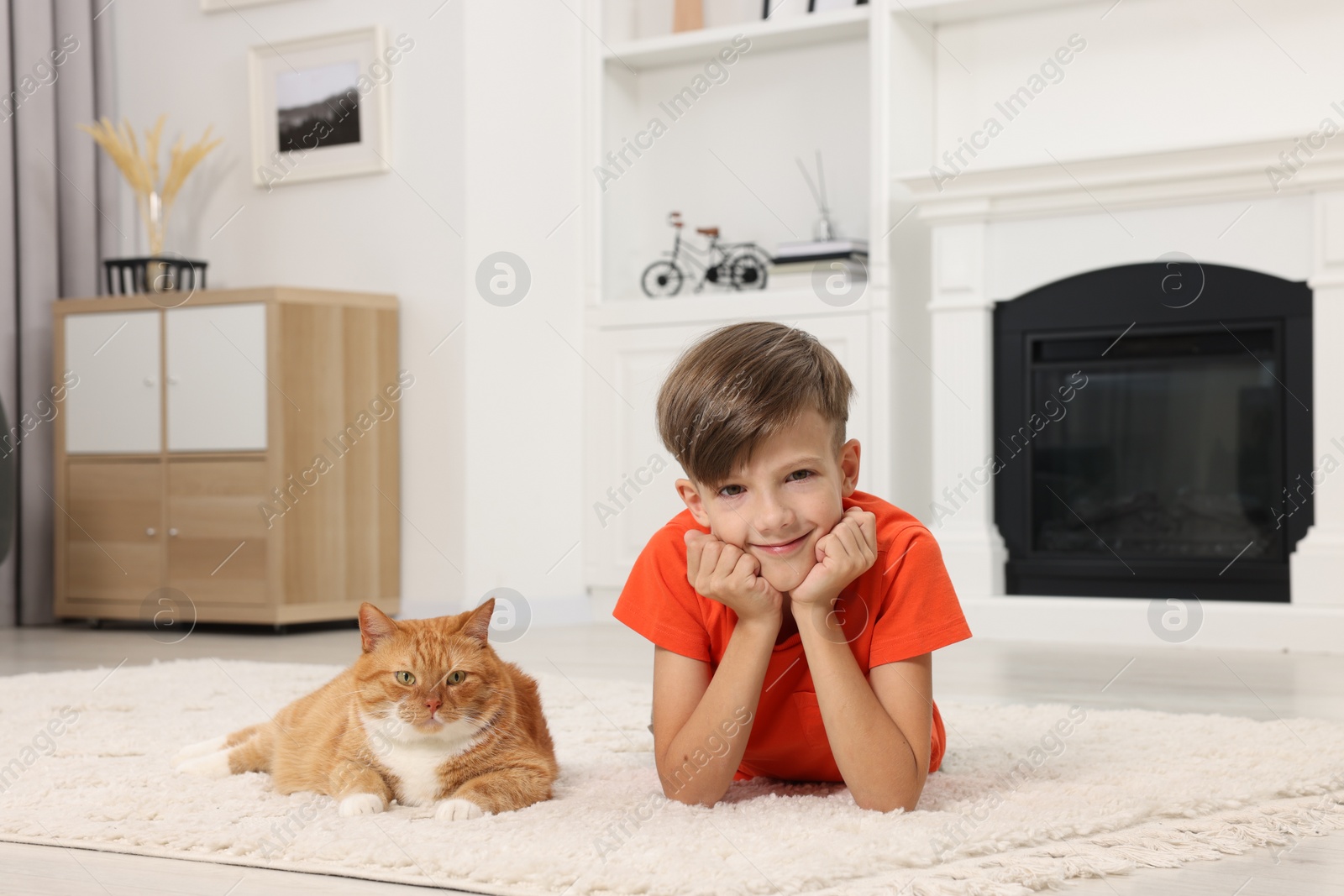 Photo of Little boy and cute ginger cat on soft carpet at home