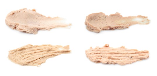 Image of Smears of tasty liverwurst on white background. Banner design