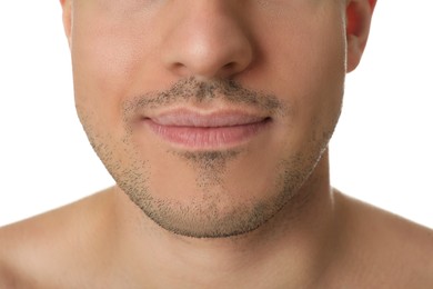Photo of Man with stubble before shaving on white background, closeup