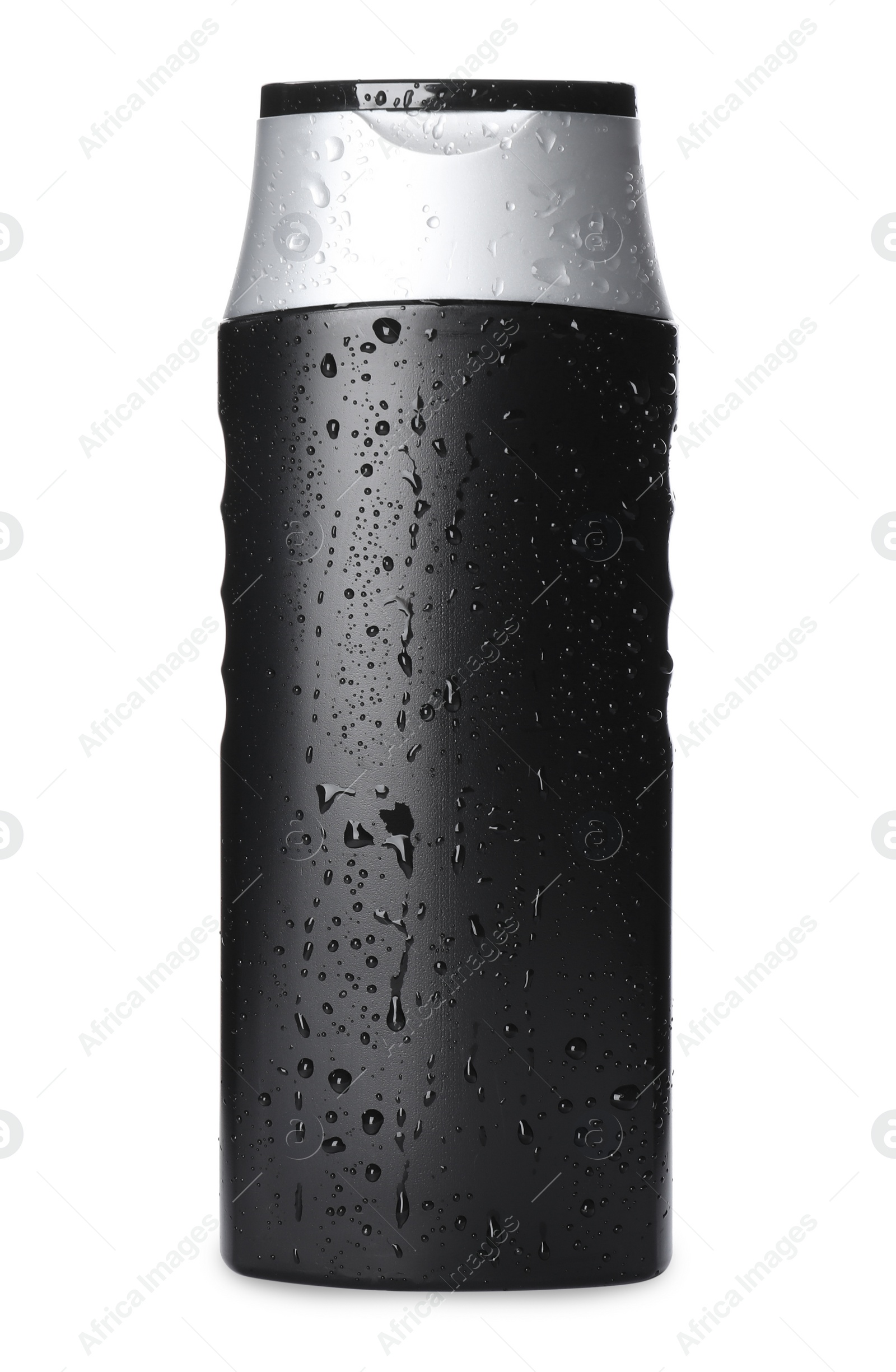 Photo of Black bottle covered with water drops isolated on white. Men's cosmetics