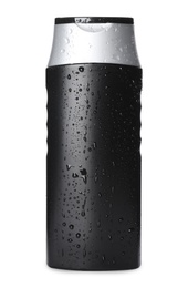 Black bottle covered with water drops isolated on white. Men's cosmetics