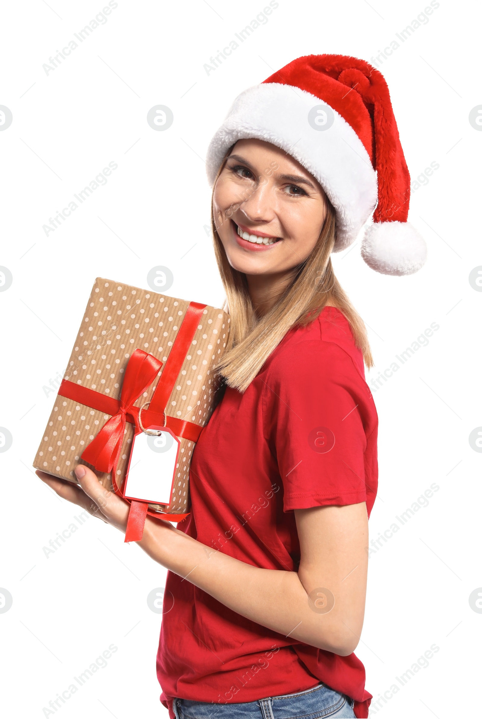 Photo of Young woman with Christmas gift on white background