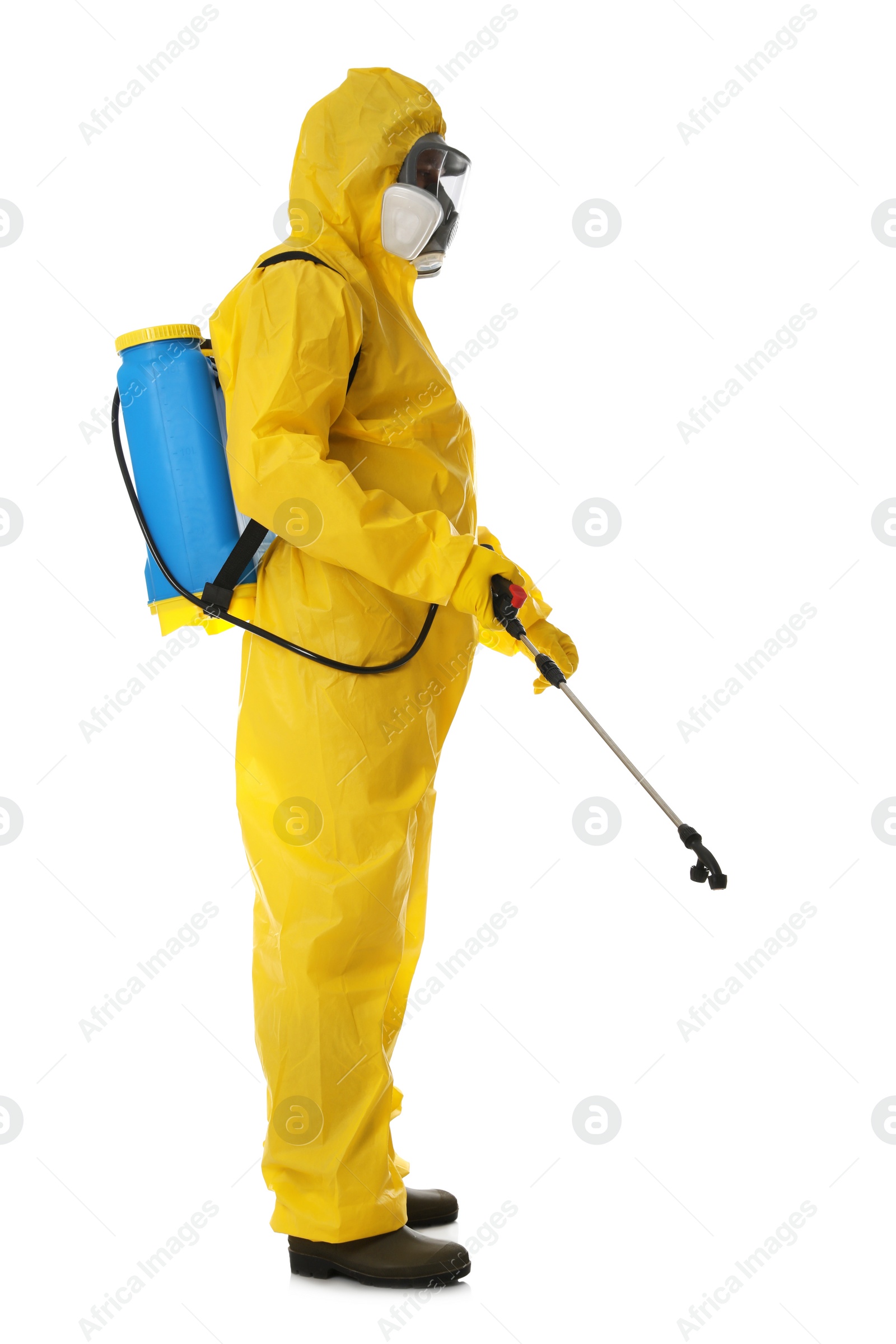 Photo of Man wearing protective suit with insecticide sprayer on white background. Pest control