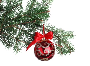 Red shiny Christmas ball on fir tree branch against white background