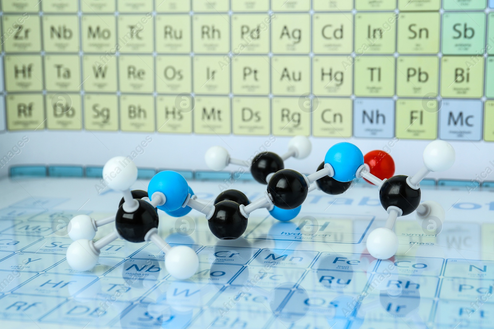 Photo of Molecular model on periodic table of chemical elements