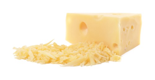 Photo of Grated and whole piece of cheese isolated on white