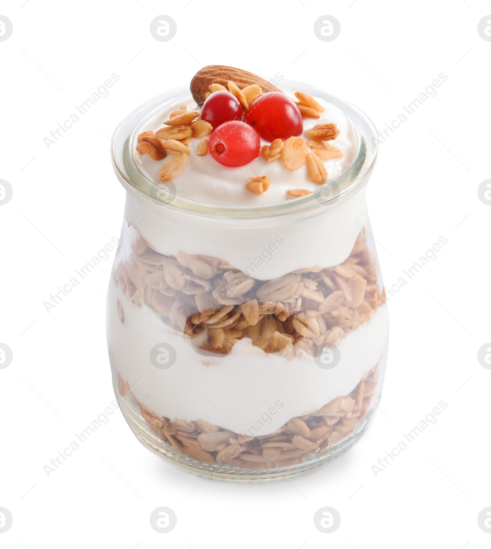 Photo of Jar with yogurt, berries and granola on white background