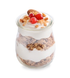 Photo of Jar with yogurt, berries and granola on white background