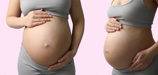 Image of Collage with photos of pregnant woman touching her belly on beige background, closeup. Banner design