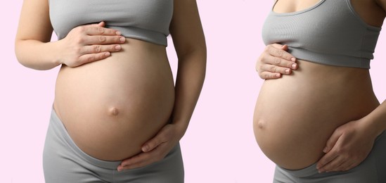 Collage with photos of pregnant woman touching her belly on beige background, closeup. Banner design