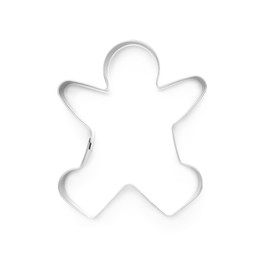Photo of Gingerbread man cookie cutter on white background, top view