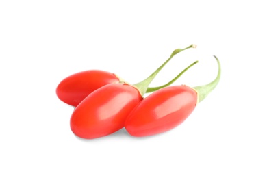 Photo of Fresh goji berries on white background. Healthy superfood