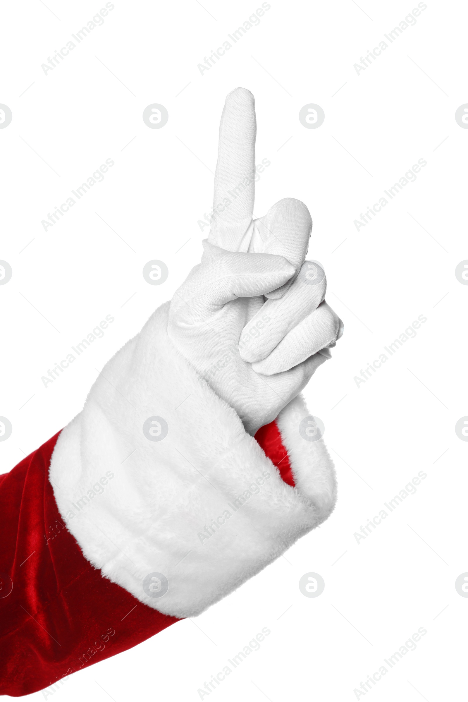 Photo of Merry Christmas. Santa Claus pointing at something on white background, closeup