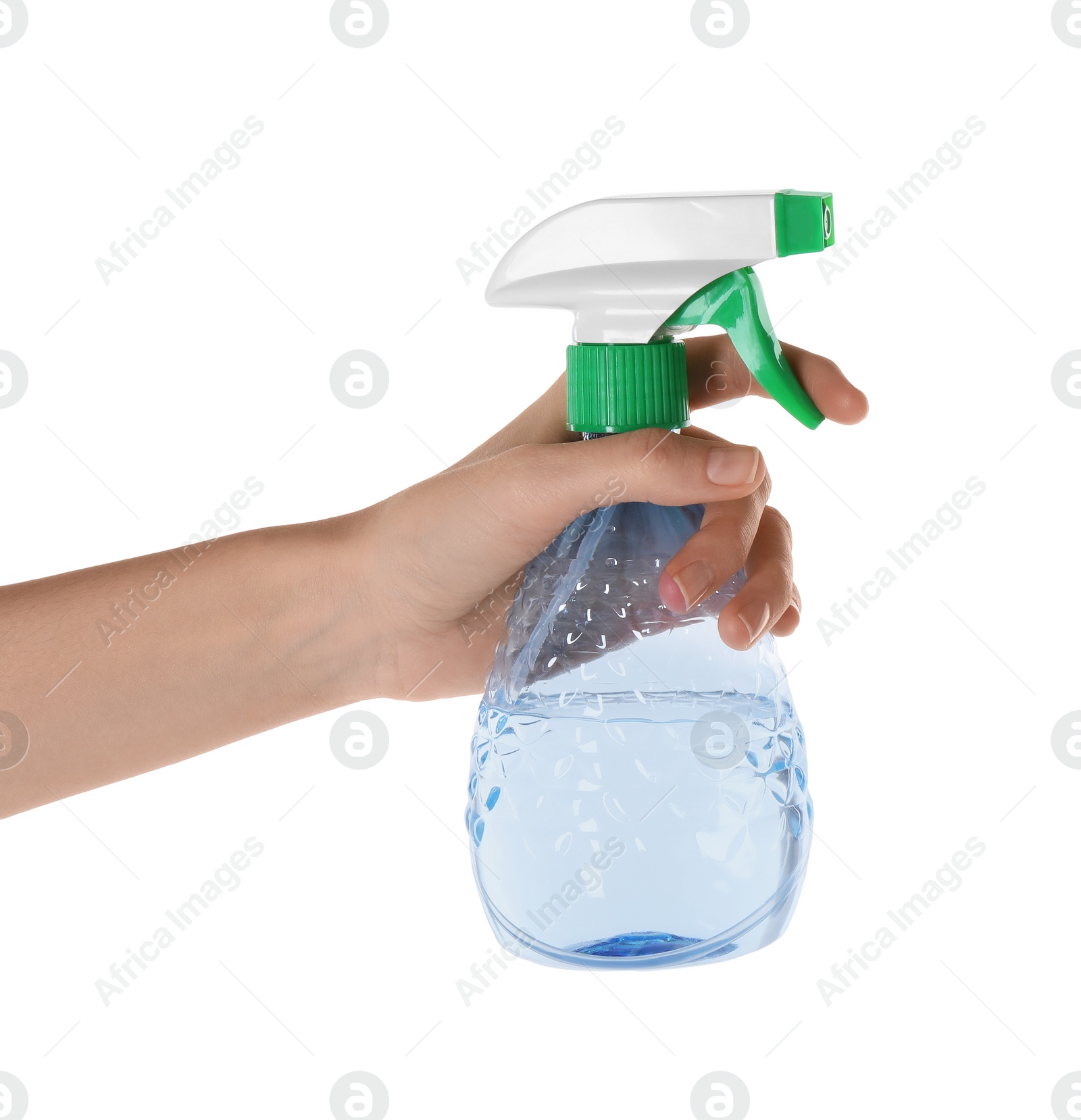 Photo of Woman holding plastic spray bottle with liquid isolated on white, closeup