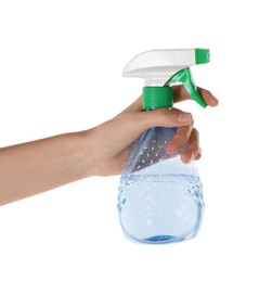 Photo of Woman holding plastic spray bottle with liquid isolated on white, closeup