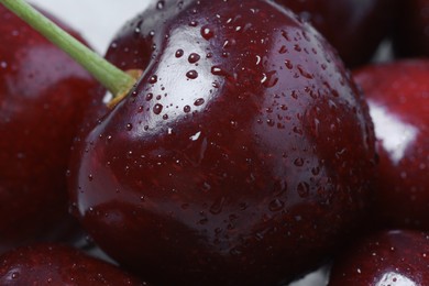 Ripe cherries with water drops as background, macro view. Fresh berry