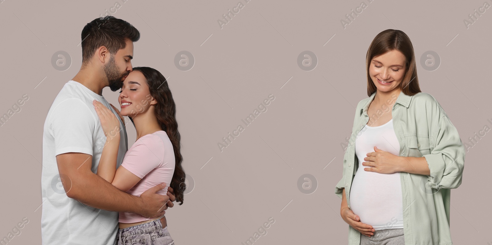 Image of Surrogate mother and intended parents on beige background. Banner design