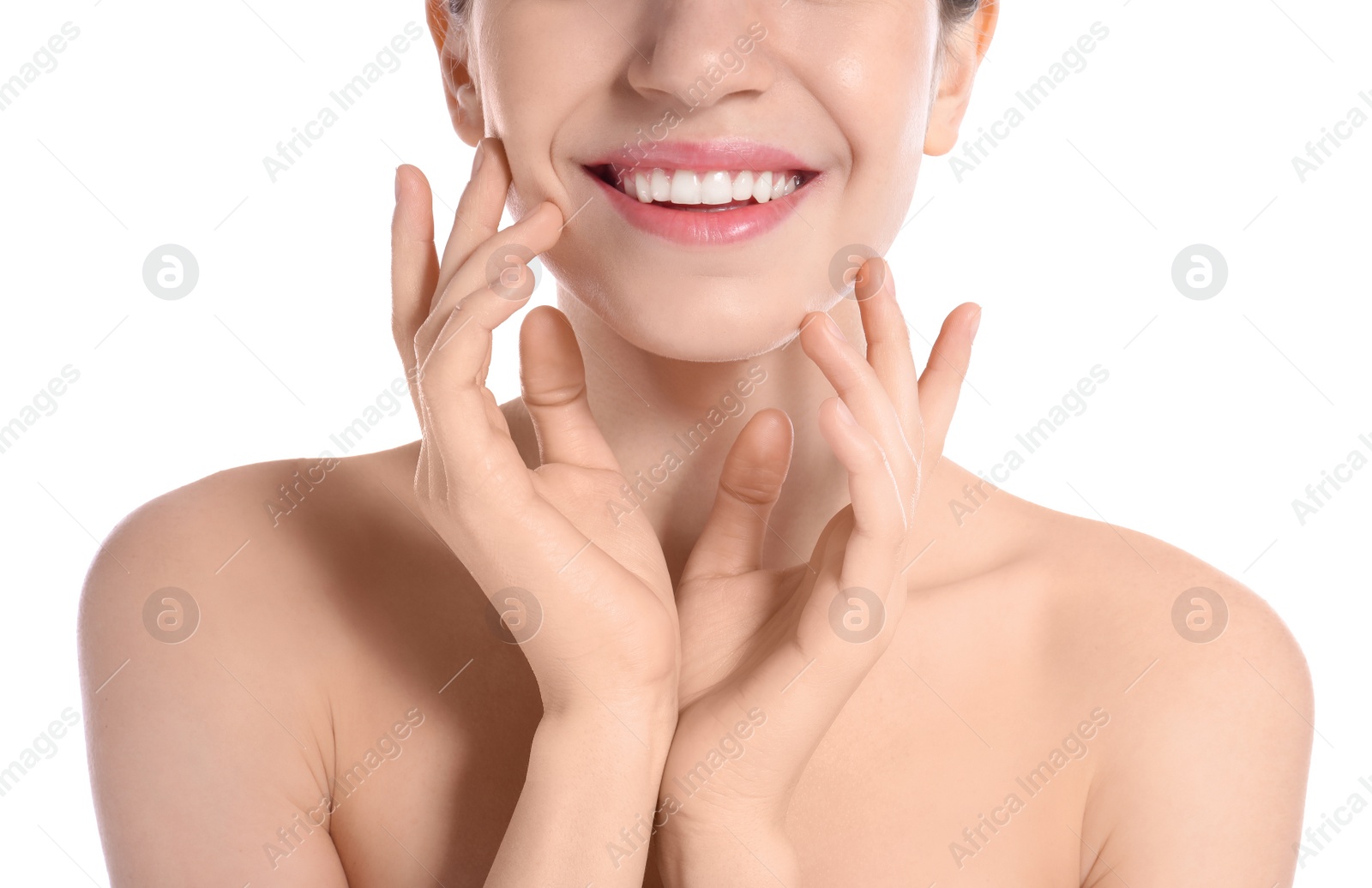 Photo of Closeup view of young woman with perfect smooth skin on white background. Beauty and body care