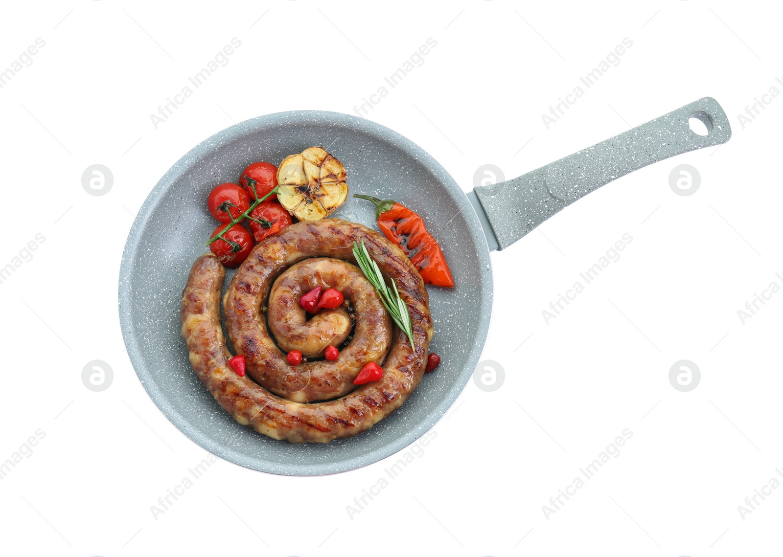 Photo of Delicious homemade sausage with garlic, tomatoes, rosemary and chili in frying pan isolated on white, top view