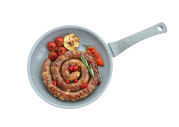 Photo of Delicious homemade sausage with garlic, tomatoes, rosemary and chili in frying pan isolated on white, top view