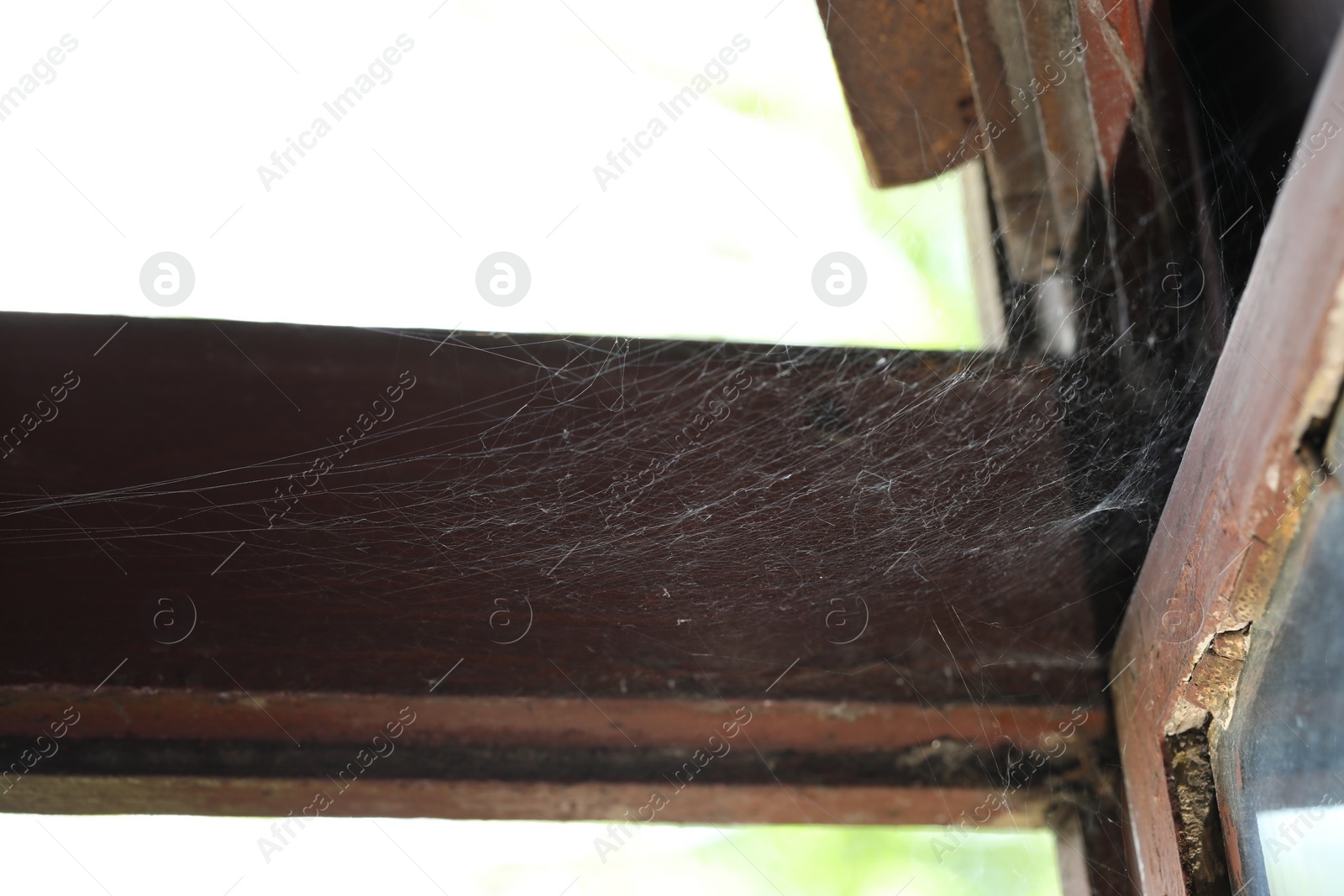 Photo of Cobweb on old wooden window frame indoors, closeup