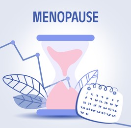 Women's health changes. Word Menopause and calendar, sandglass, feathers with descending line graph on light background. Illustration design