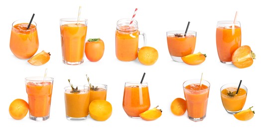 Image of Set with tasty persimmon smoothies on white background. Banner design