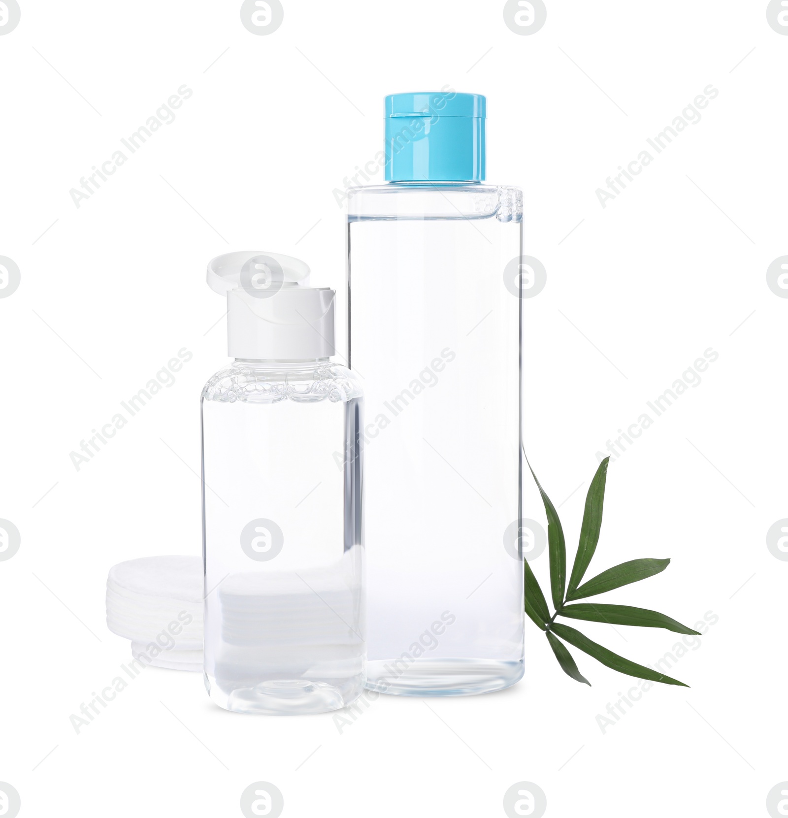 Photo of Bottles of micellar cleansing water, cotton pads and green twig on white background