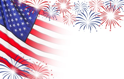 Image of 4th of july - Independence Day of USA. American national flag and fireworks on white background, space for design