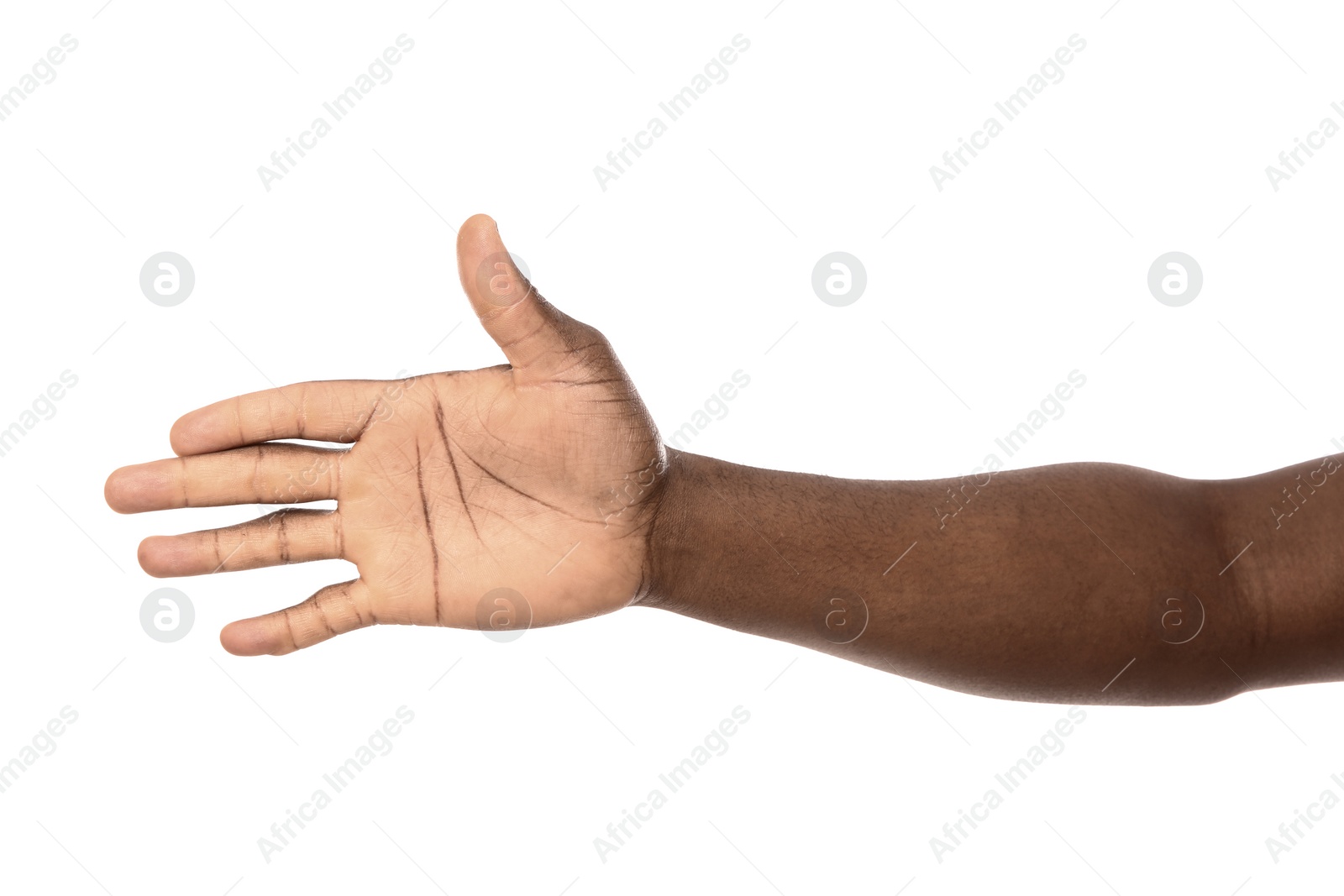 Photo of African-American man extending hand for shake on white background, closeup