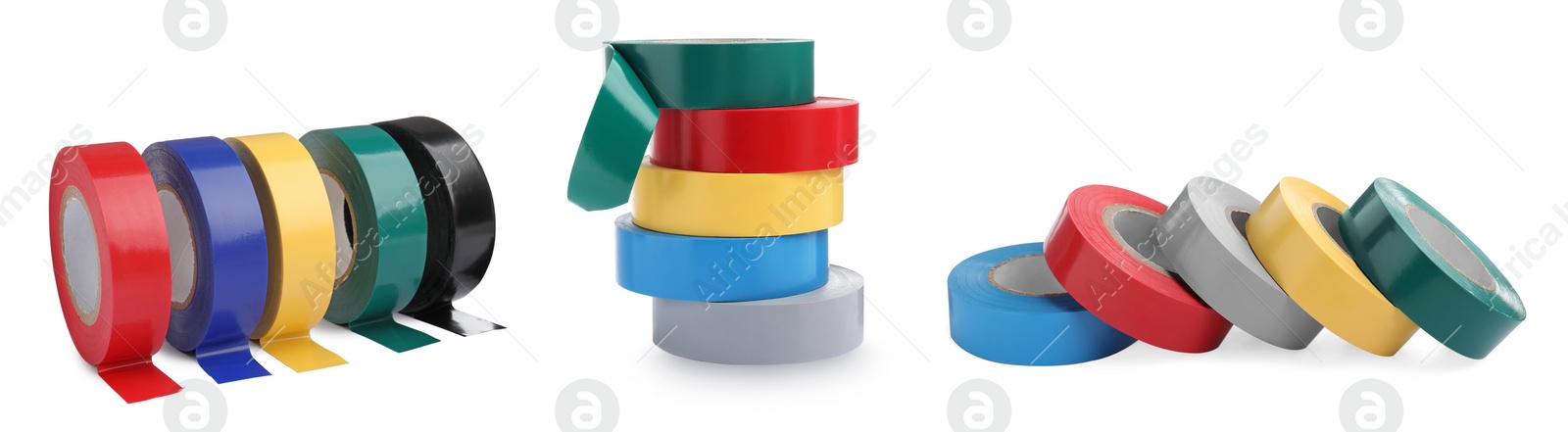 Image of Collage with insulating tapes in different colors on white background