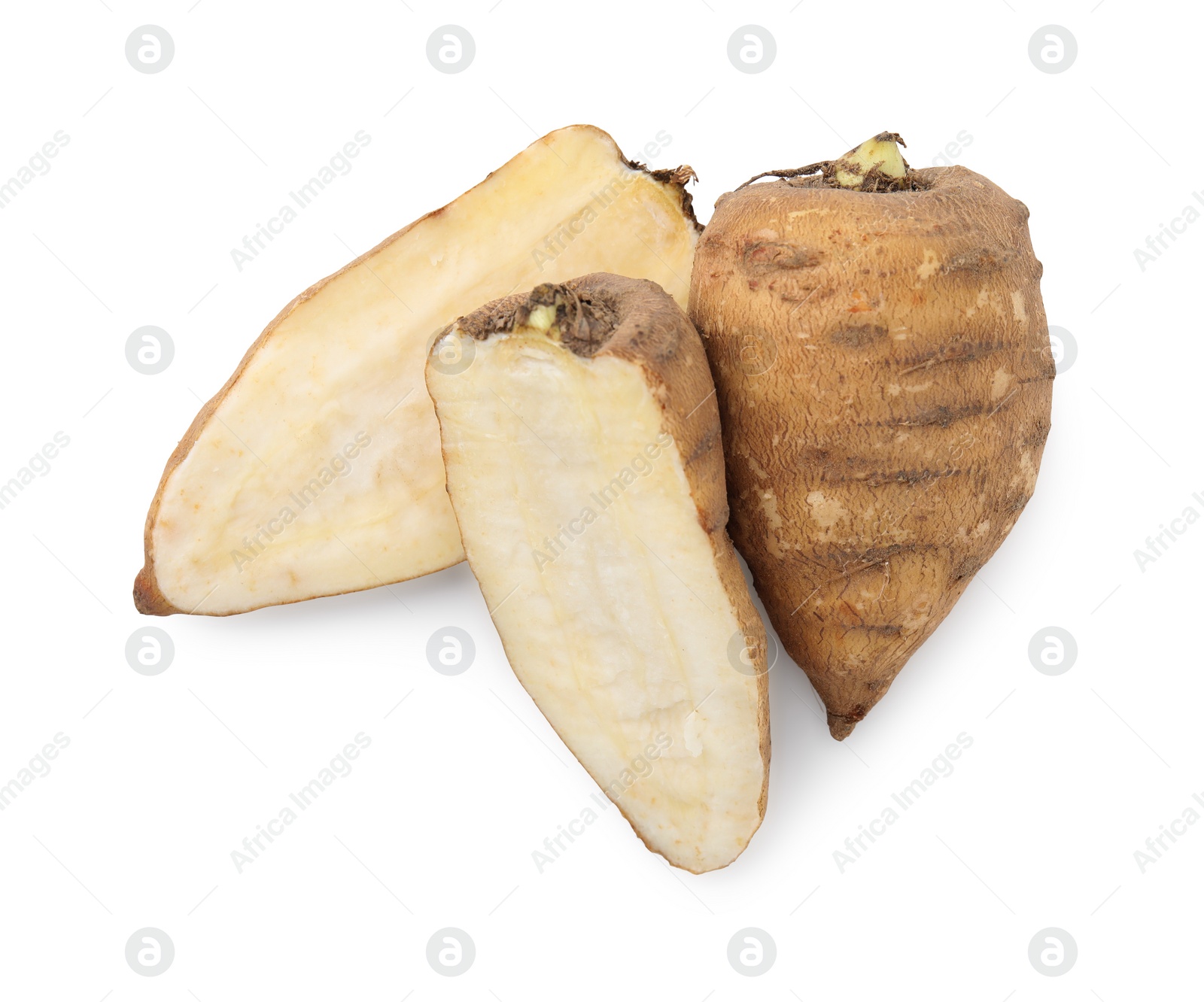 Photo of Whole and cut tubers of turnip rooted chervil isolated on white, top view