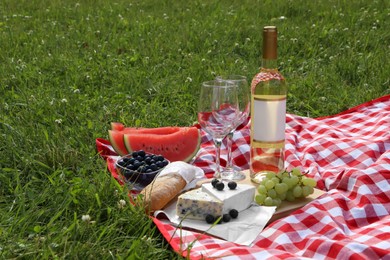 Picnic blanket with delicious food and wine outdoors on summer day, space for text