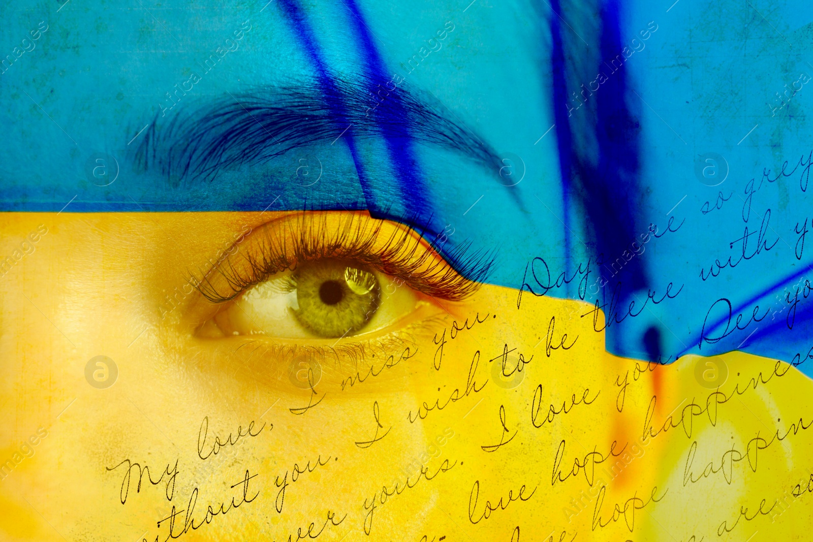 Image of Multiple exposure of Ukrainian national flag, letter and young woman, closeup view