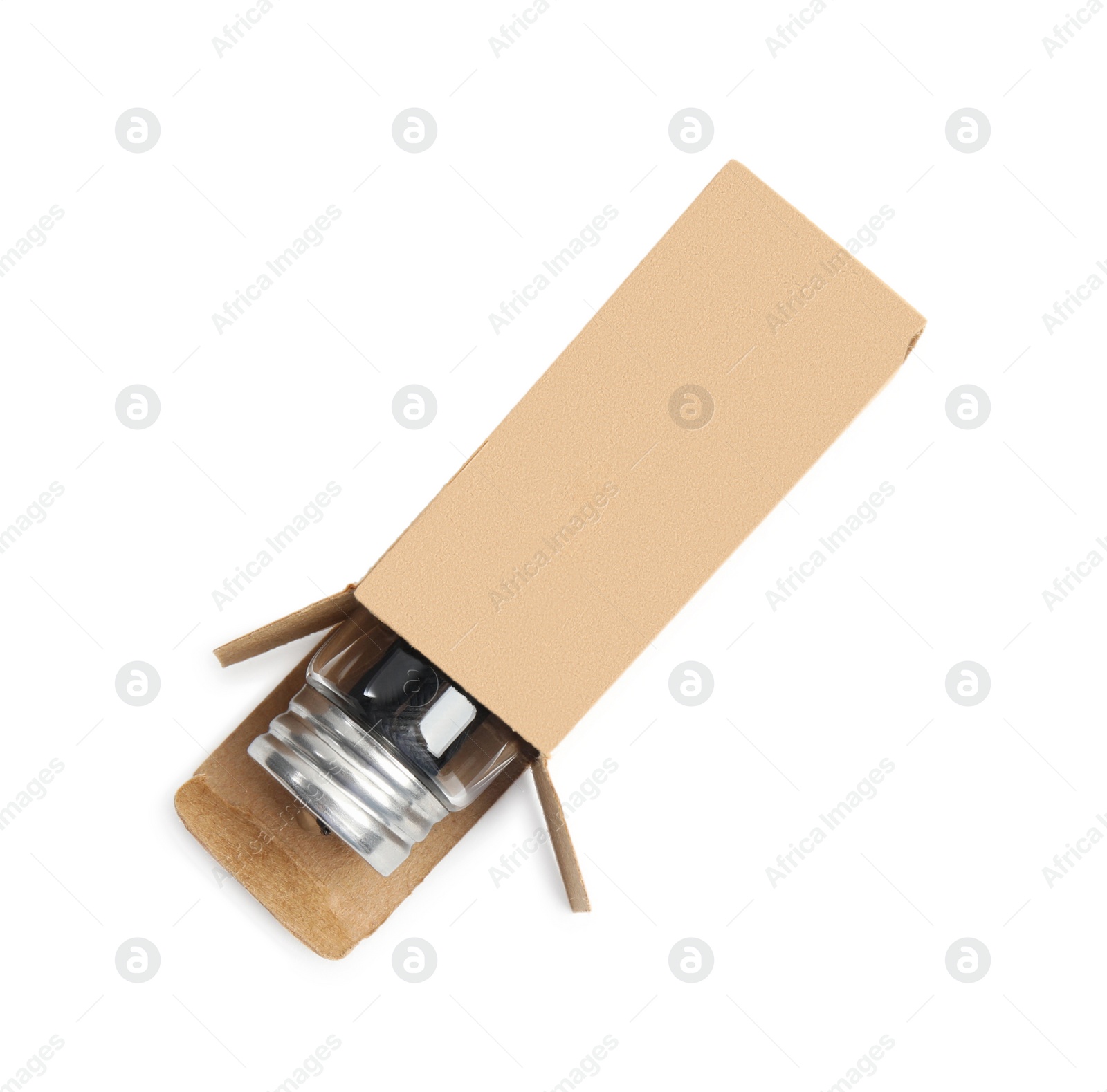 Photo of Jar with roll of natural dental floss in box on white background, top view