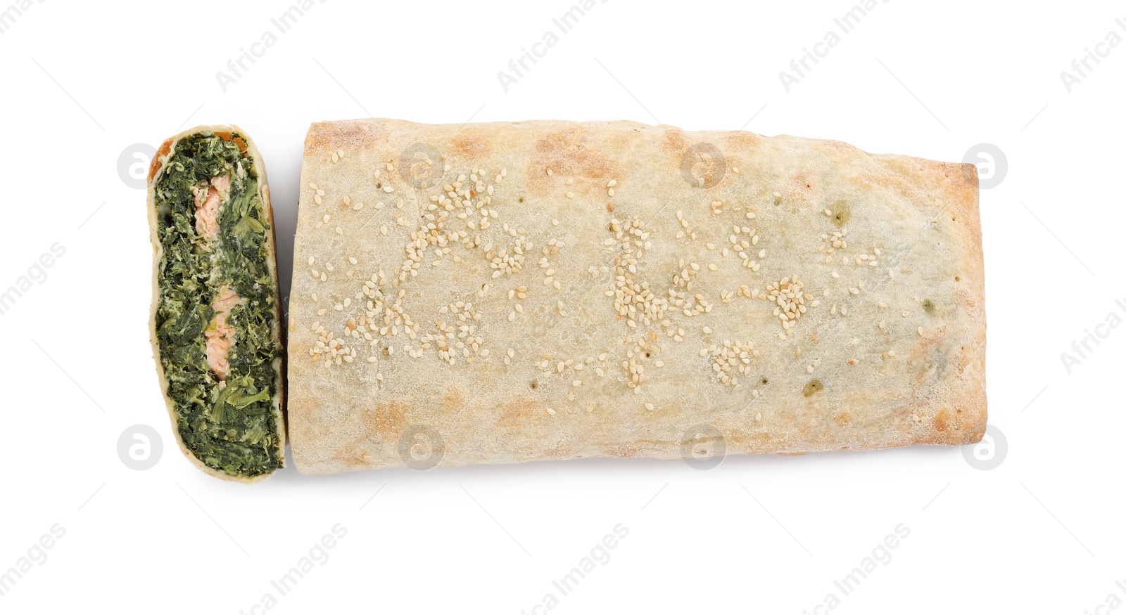 Photo of Tasty strudel with salmon and spinach isolated on white, top view