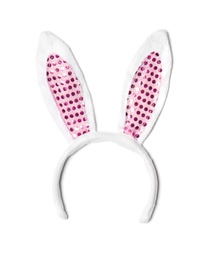 Photo of Funny headband with Easter bunny ears on white background, top view