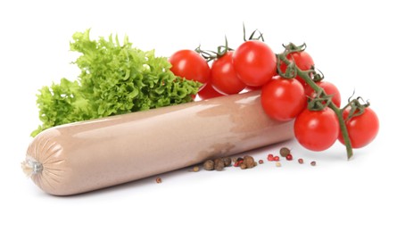 Photo of Delicious liverwurst with cherry tomatoes, lettuce and spices on white background