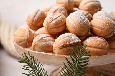 Delicious nut shaped cookies and fir tree branch on table, closeup