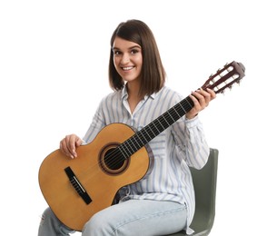 Photo of Music teacher playing guitar on white background