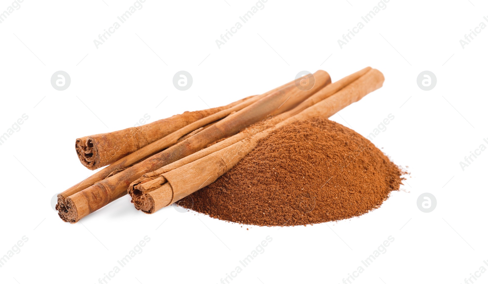 Photo of Aromatic cinnamon sticks and powder on white background