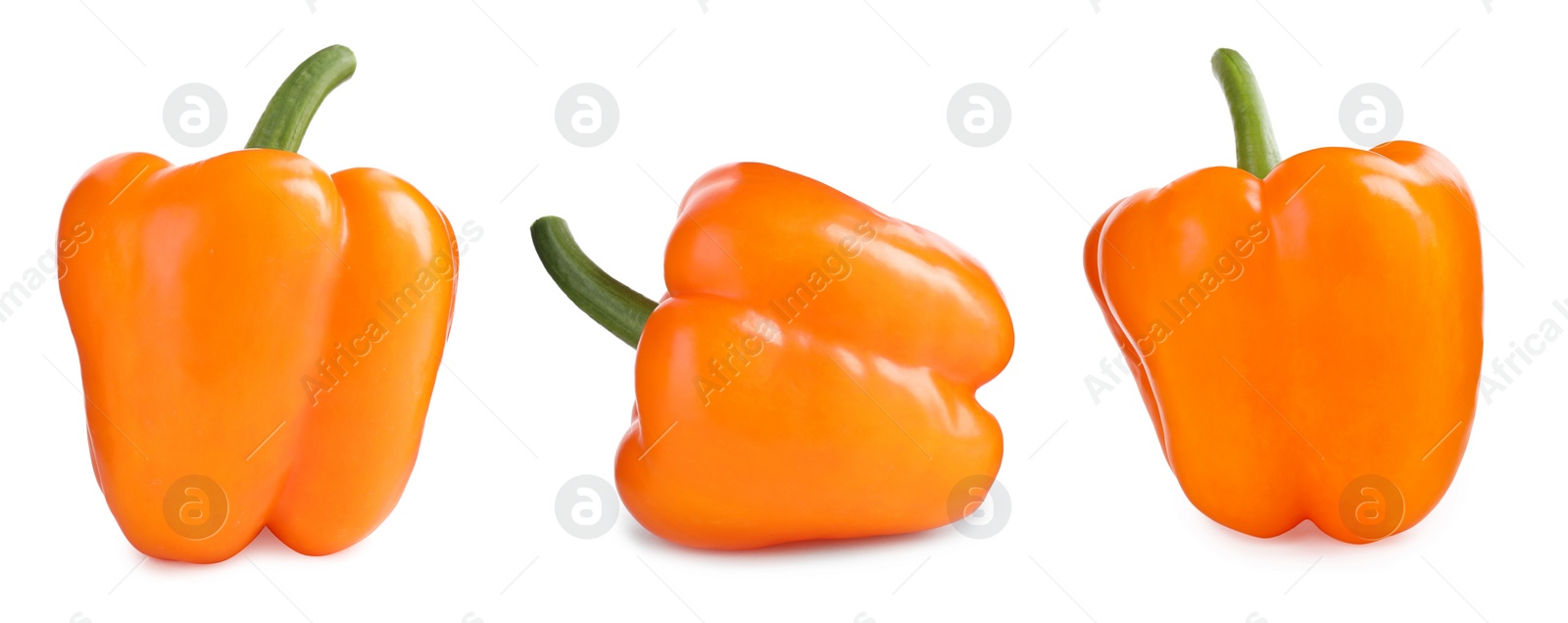 Image of Set of ripe orange bell peppers on white background