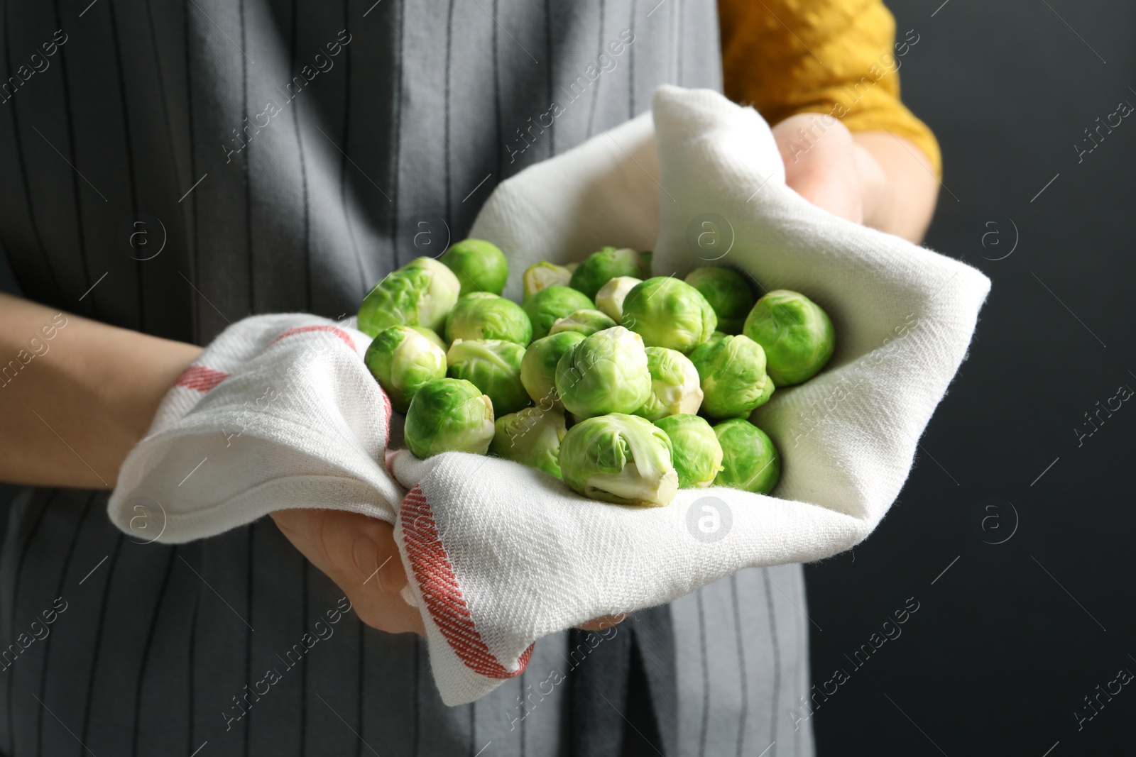 Photo of Woman holding heap of fresh Brussels sprouts in towel, closeup