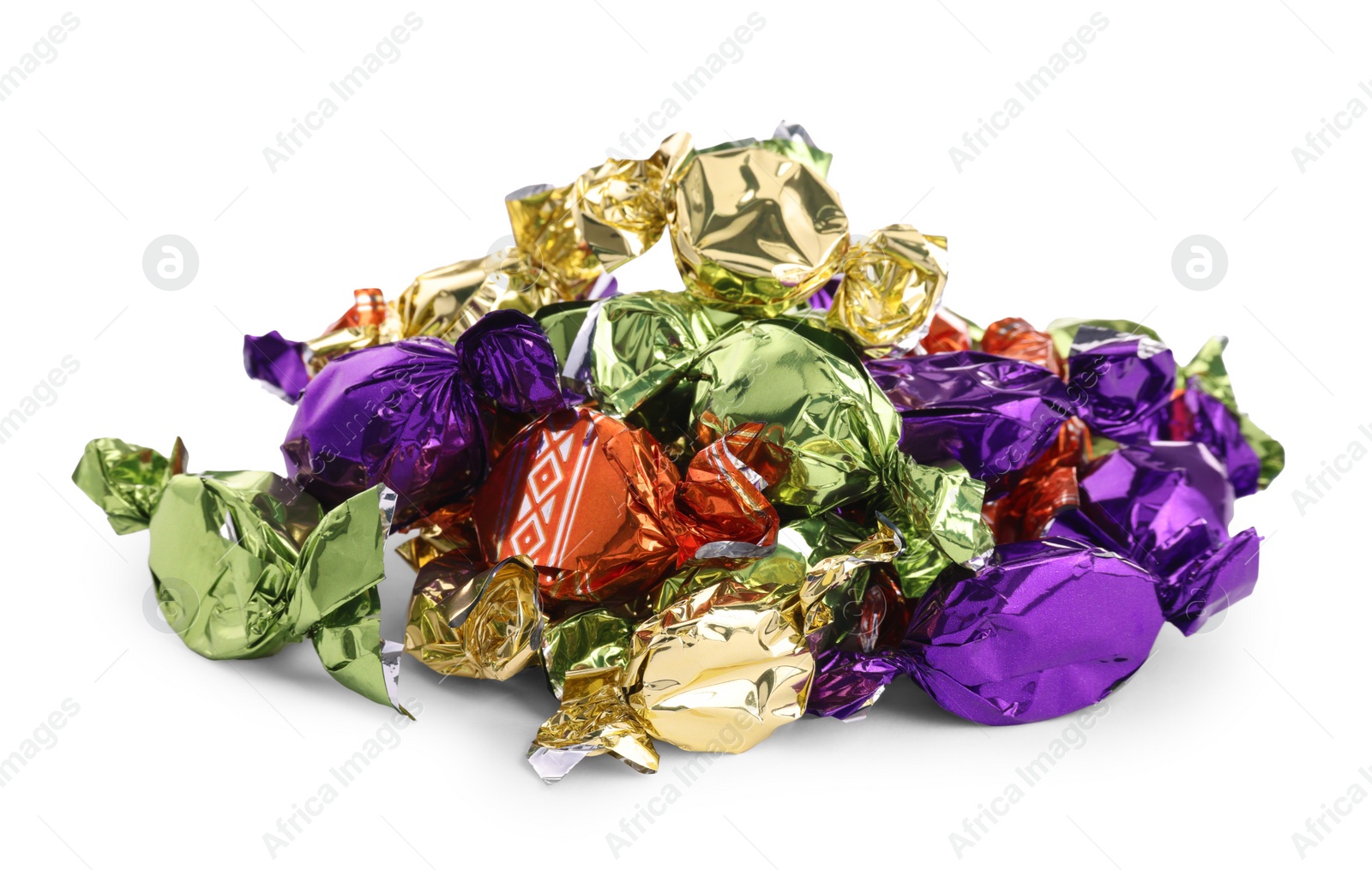 Photo of Candies in colorful wrappers isolated on white