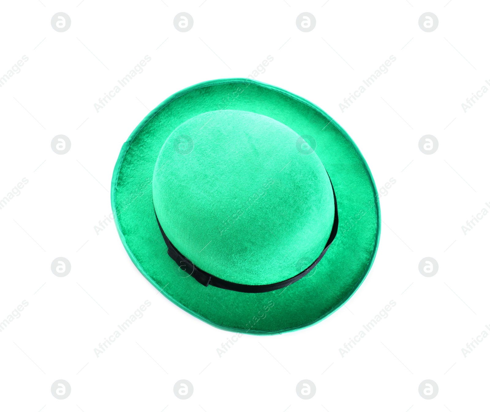 Photo of Green leprechaun hat isolated on white, top view. St. Patrick's Day celebration